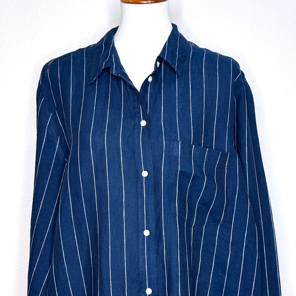 GAP The Boyfriend Shirt Tunic XL TALL 100% Linen Navy White Stripes Minimalist - Picture 2 of 8